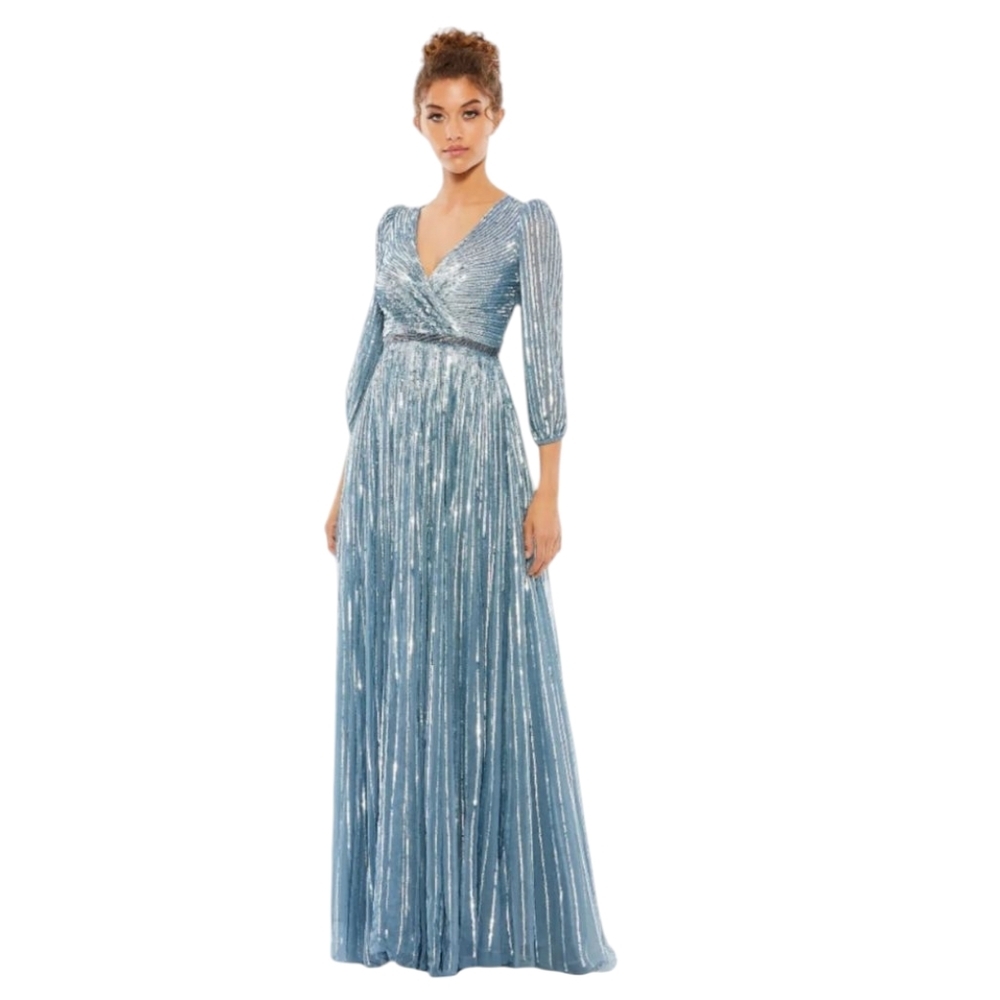 Mac Duggal 5509 NWT Blue Sequined Wrap Over 3/4 Sleeve Gown